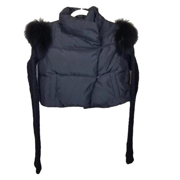 BCBG MaxAzria S Cropped Down Fur Knit Puffer Jacket Black Long Sleeve Women's - Picture 2 of 9